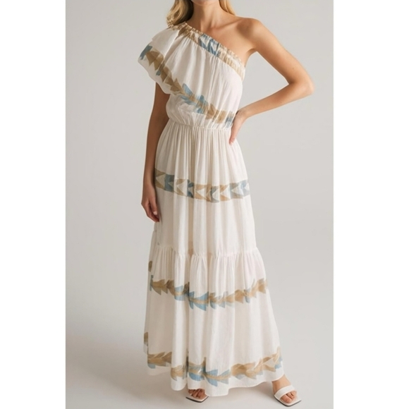 Mirth Dresses & Skirts - Mirth Paros One Shoulder Maxi Dress in White and Tan Wedding guest Size Large